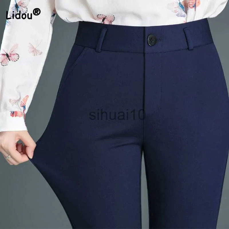 Women's Pants Capris Spring Autumn Casual Button Elastic Mid Waist Black Navy Blue Straight Trousers Office Lady Quick Drying Suit Pants Female J230605