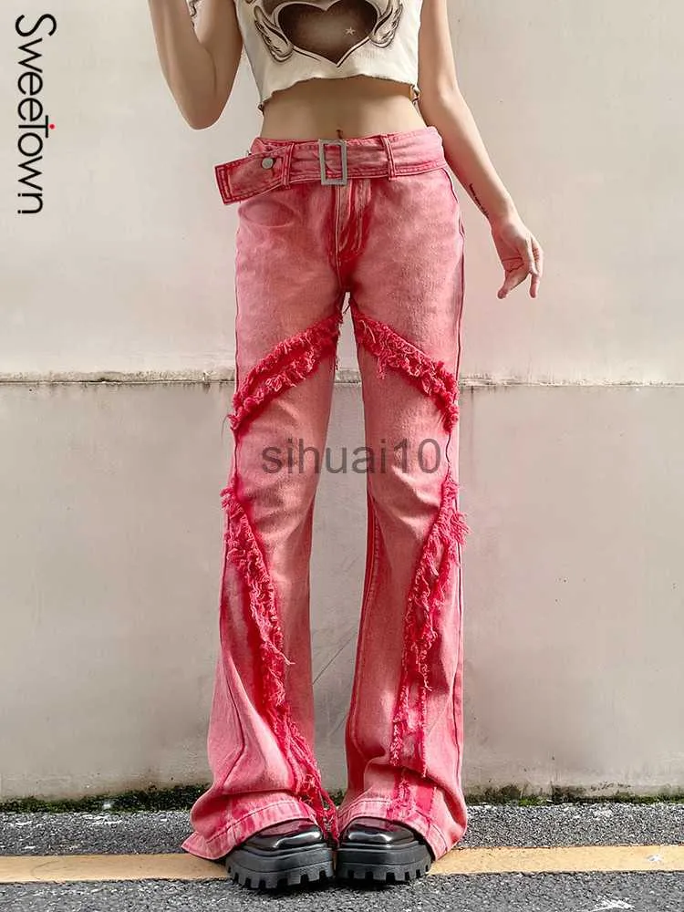 Women's Pants Capris Sweetown Red Washed Belt Low Waist Y2K Flared Jeans Woman Grunge Distressed Denim Trousers Vintage Casual Streetwear Pants 90s J230605