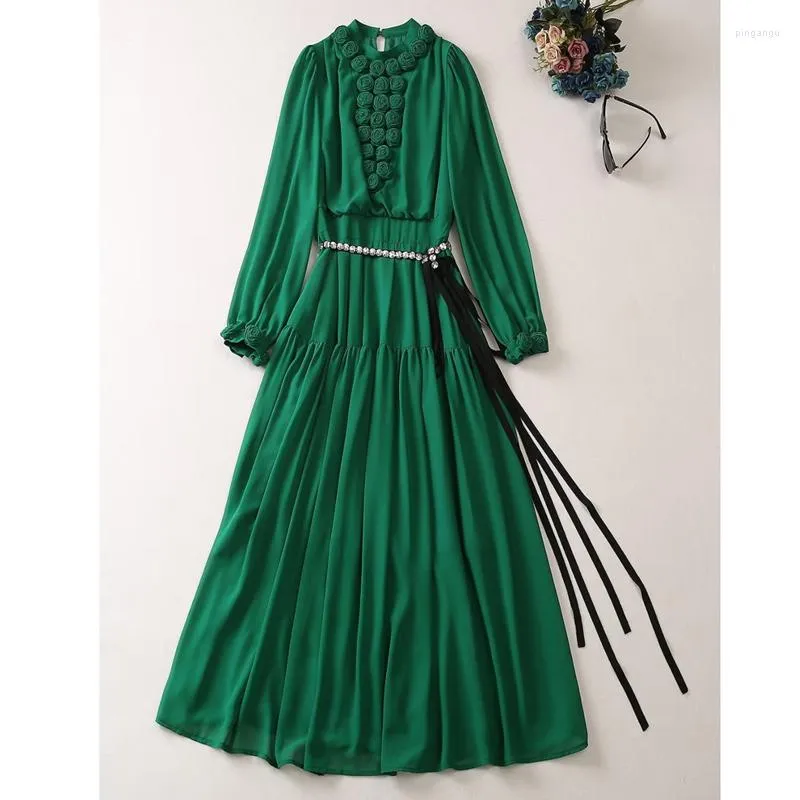 Sukienki swobodne okrągłe szyję nożyce paski na pasek kwiatowy długi rękaw długość kostki maxi letnia sukienka zielona/czerwona