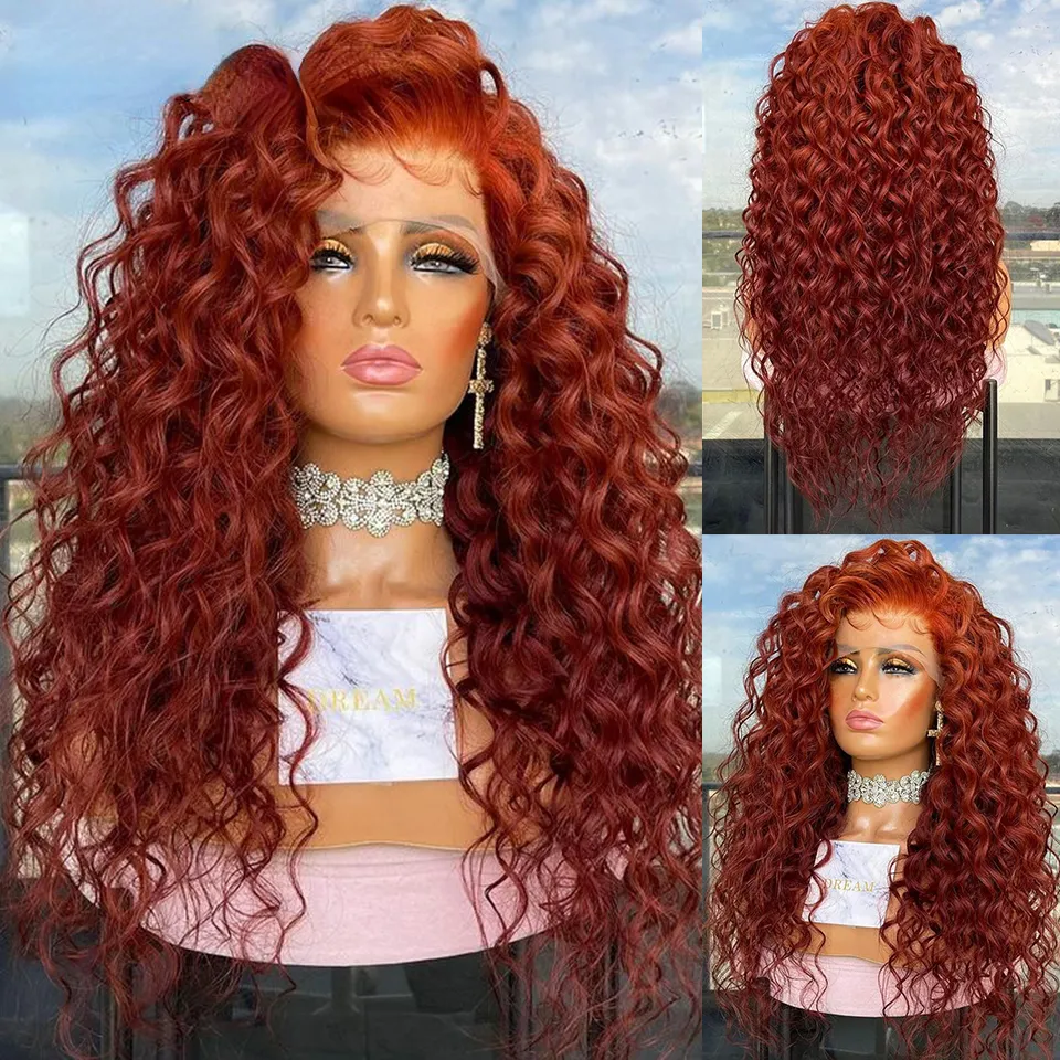 Brazylijska Ginger Curly Lase Front Human Hair Peruki dla kobiet luźne perukę głębokiej fali czerwone bordowe peruki kolorowe syntetyczne perukę