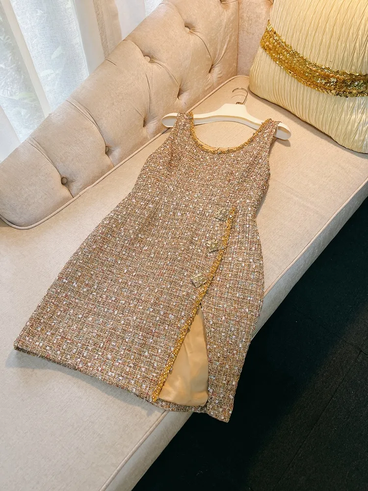 Sleeveless Gold Beaded Tweed Mini Dress with Round Neck and Panelled Split for Summer from Dhgate Basic & Casual Dresses - price 64.51 Sleeveless Gold Beaded Tweed Mini Dress with Round Neck and Panelled Split for Summer from Dhgate Basic & Casual Dresses - price 64.51