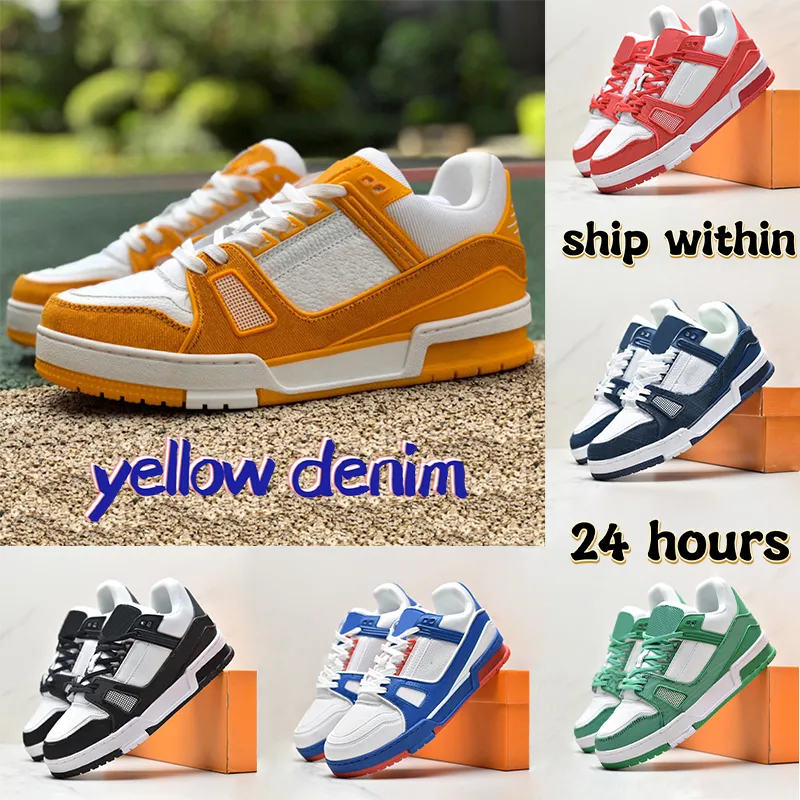 2023 top mens chaussures de course jaune bleu ciel denim Logo Embossed Trainer femmes Sneaker chaussure blanc gris rose rouge triple blanc hommes femmes bleu ciel formateurs baskets