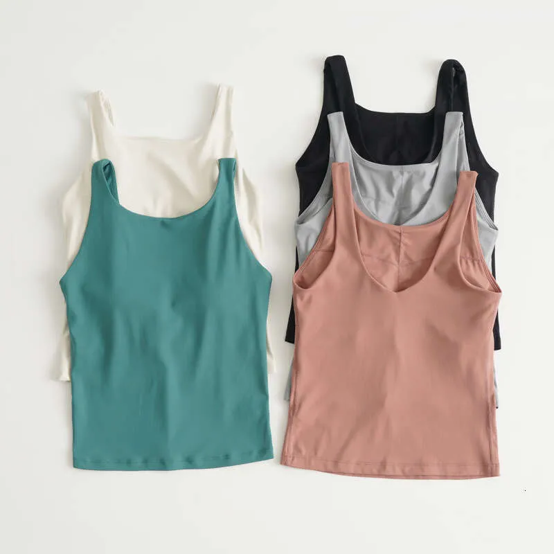 Lu Yoga Chemises dos nu à col en U Soutien léger Vêtements de sport Fiess Sous-vêtements de sport d'été Gilet respirant Sensation nue Femmes Soutien-gorge intégré Débardeur longueur taille