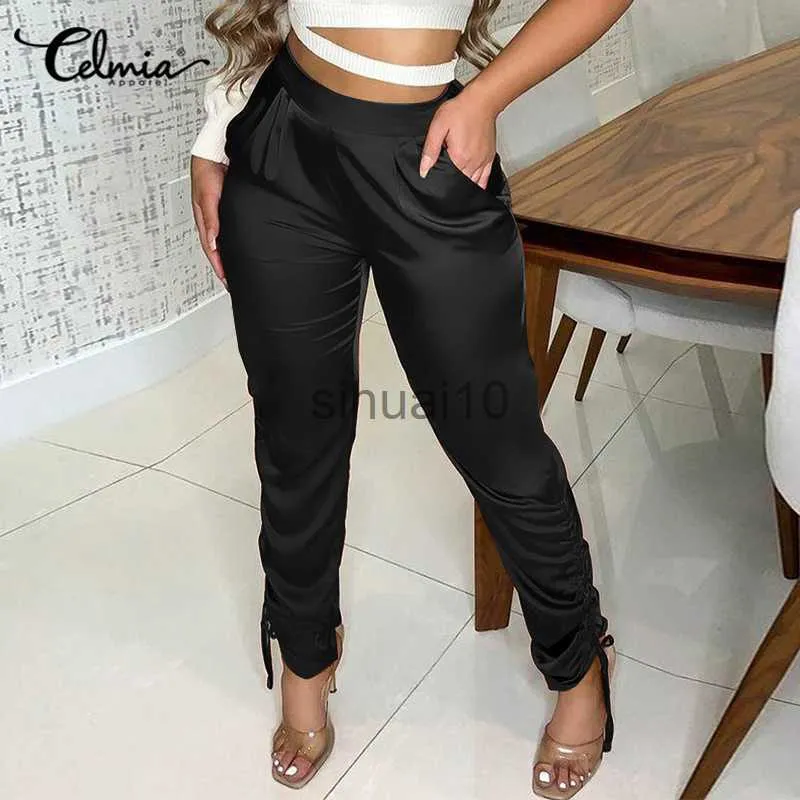 Pantalon Femme Capris 2023 Automne Femmes Mode Pantalon Long Cordon Plissé Satin Pantalon Taille Haute Élégant Solide Streetwear Pantn Femme J230605