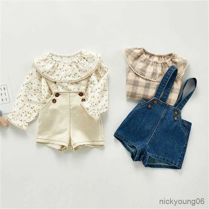 Conjuntos de roupas Meninas Conjunto de roupas de bebê menina babado manga longa estampada camiseta e calça jeans suspensório 2 peças roupa infantil