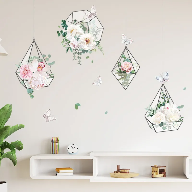 Fresh Flowers Geometric Hanging Basket Wall Stickers Living Room Bedroom Sofa Background Decoration Wallpaper Sticker Home Decor