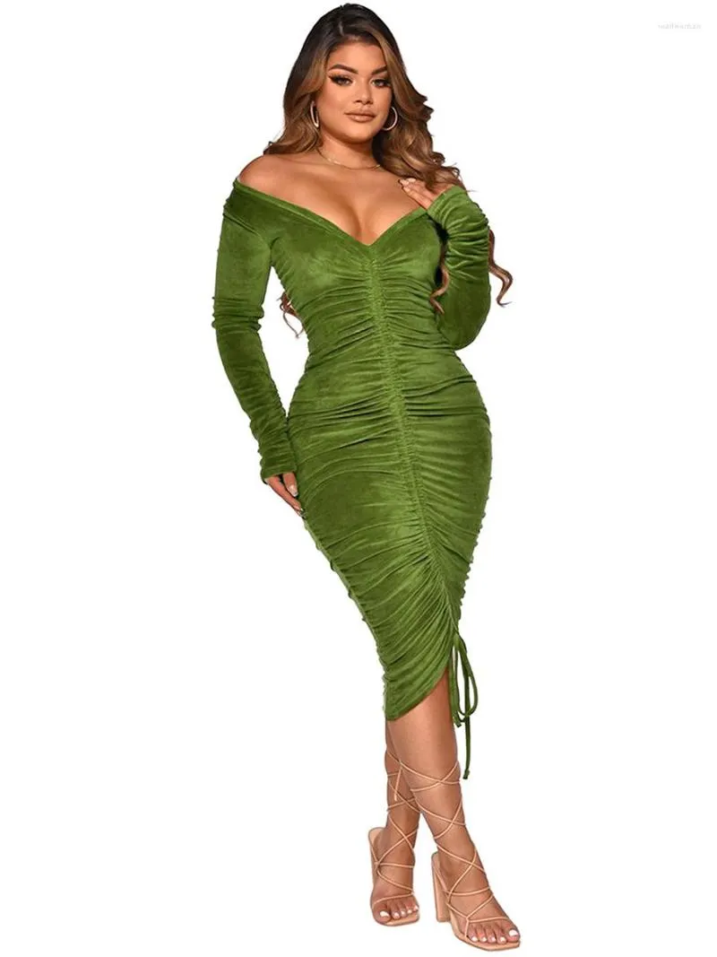 Casual Dresses Women S Low Cut Bodycon Dress Sexy Long Sleeve Pleated Drawstring Ruched Off-Shoulder Slim Fit Party