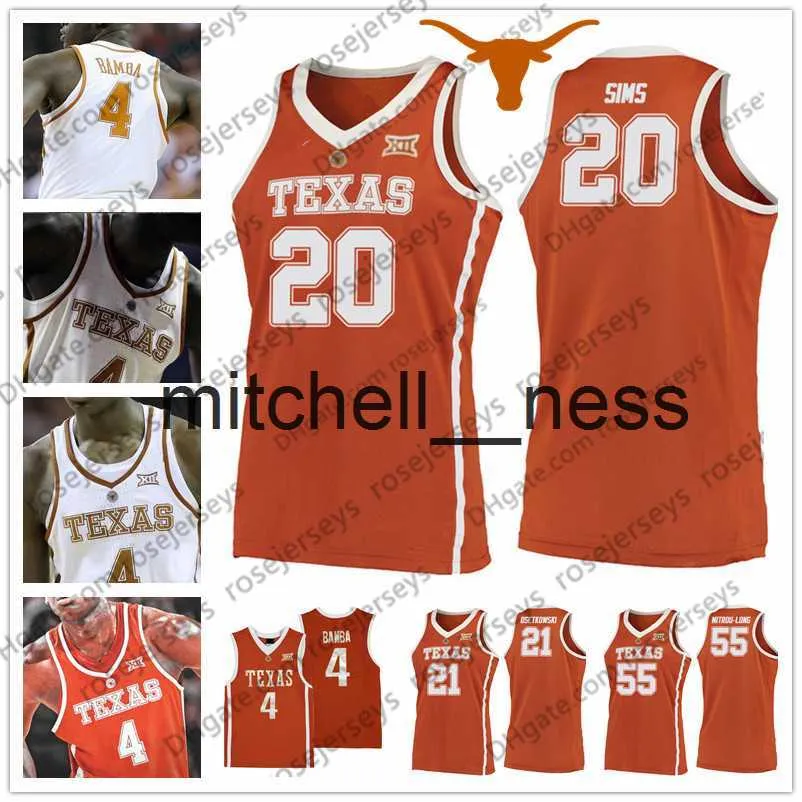 Mit8 NCAA Texas Longhorns # 20 Jericho Sims 21 Dylan Osetkowski 55 Elijah Mitrou-Long arancione bianco College Basketball Jersey S-4XL