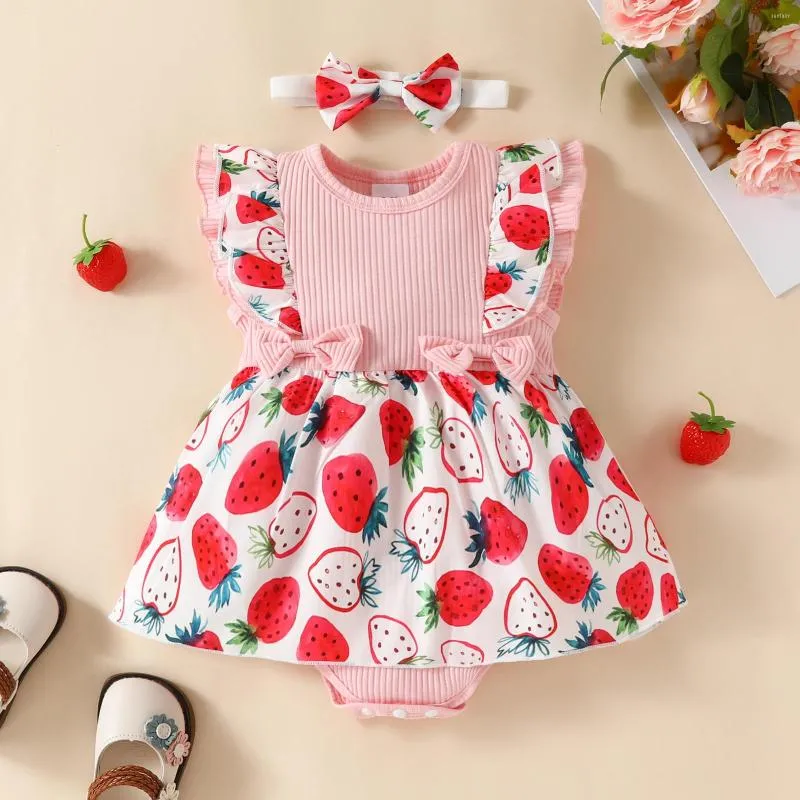 Robes de fille 2pcs Infant Baby Girls Romper Dress Tricoté Côtelé Fraise / Tournesol Imprimer Manches Jupe Ourlet Bodys Avec Arc Bandeau