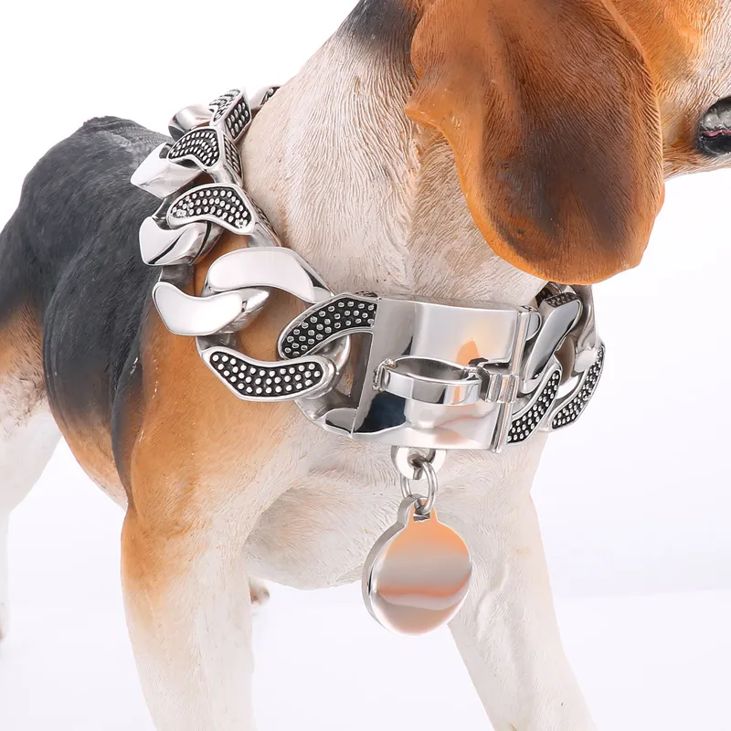 Mocny kubański łańcuch ze stali nierdzewnej Medium Big Pet Dog Kołnierz Naszyjnik Duże łańcuchy dla psów TAG można wygrawerować luksusowe klamra bezpieczeństwa 422 g ciężka 30 mm 18 -calowa