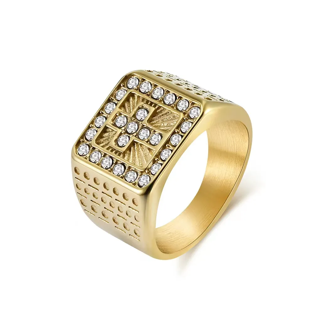 Tytanowa stal splowany 18 -karatowy złoty krzyż pełny pierścionek z pierścieniem hip -hopowy pierścień osobowości