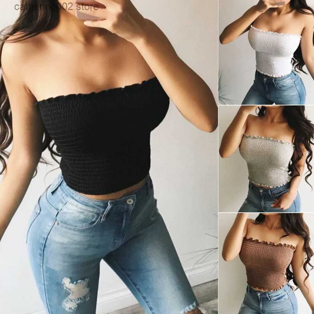 Débardeurs pour femmes Camis Sexy Femmes Crop Top Tube Top 2019 Mode D'été Sans Bretelles Femmes T-shirt Mince Wasit Maigre D'été Top Couleur Pure Volants Camis T230605