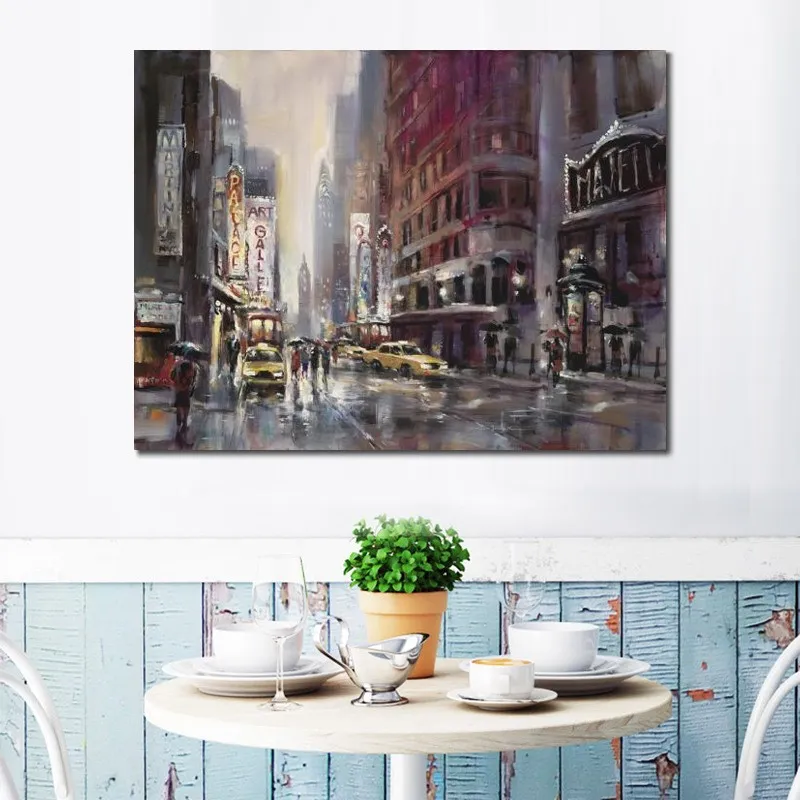 French Street Canvas Art Manhattan Rain Brent Heighton Schilderij Handgemaakt landschapskunstwerk voor Coffee Bar Pub Best