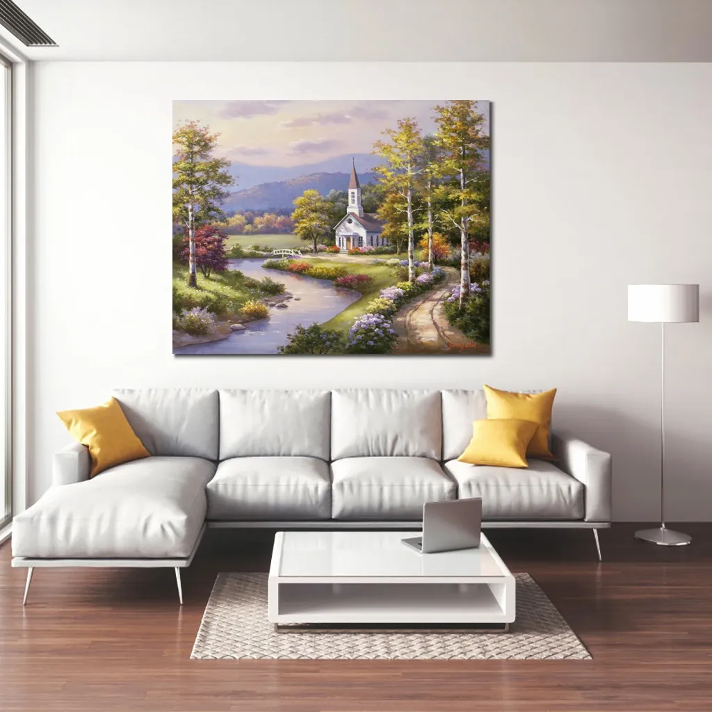 Contemporary Village Landscape Country Chapel Sung Kim Painting Handmade Canvas Art for Hotel Lobby Wall