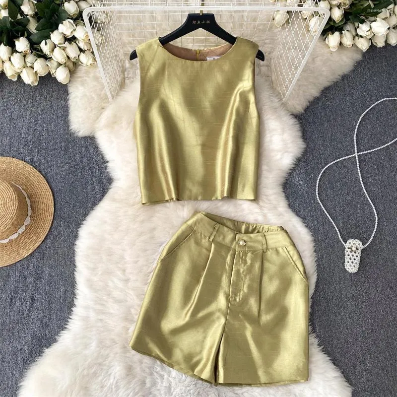 Women's Tracksuits Celebrity High-end Satin Suit Femininity Sleeveless Round Neck Vest Top High Waist Wide-leg Shorts Two-piece Set