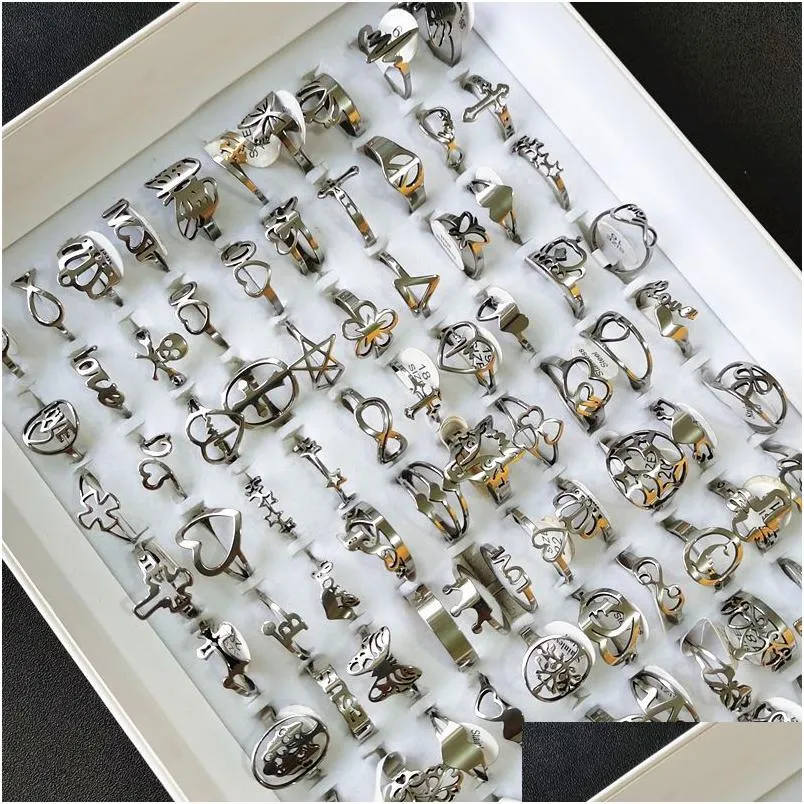 Bandringe 50 stücke Großhandel BK Lot Edelstahl Frauen Dame Weibliche Modeschmuck Gemischte Stilvolle Laserschneiden Fingerring Geschenke 22 DHCJQ