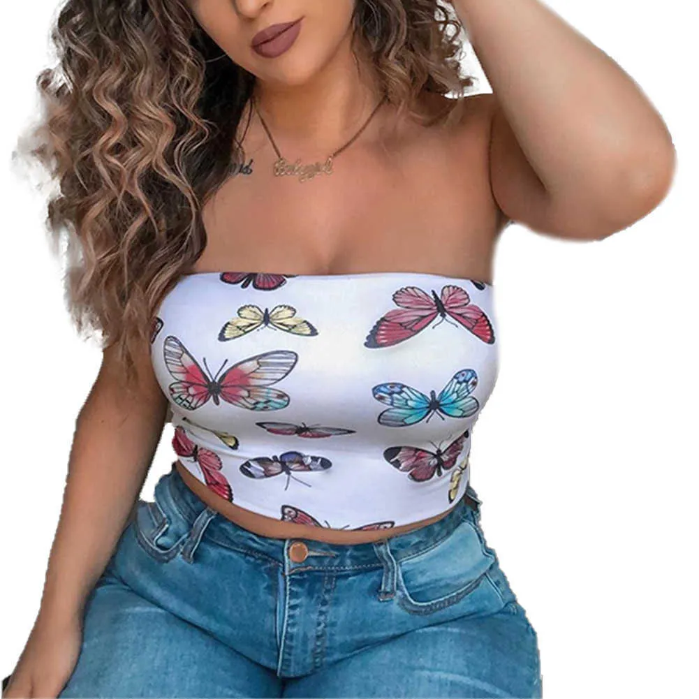 Tanks Camis Hot Sexy Summer Shoulder Butterfly Print Strapless Bandeau Shirt Women's Top Casual Clothing P230605