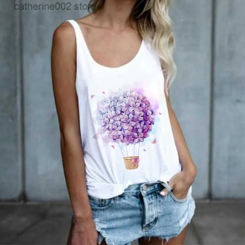 Women's Tanks Camis New Tank Tops Women Cartoon Floral Print Camisole Top Tee Shirt Femme Sexy Sleeveless Loose O-Neck Vest Plus Size White Tank Top T230605