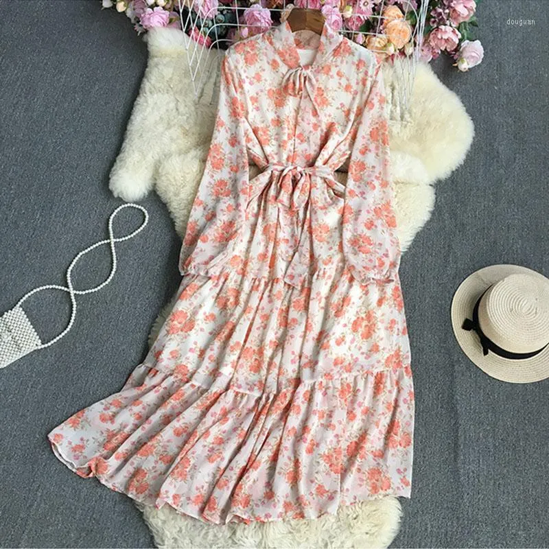 Vestidos casuales Vestido de hadas Manga larga Boho Floral Maxi Mujer Volantes Quinceañera Gasa Elegante Vintage Arco Otoño Invierno Fiesta