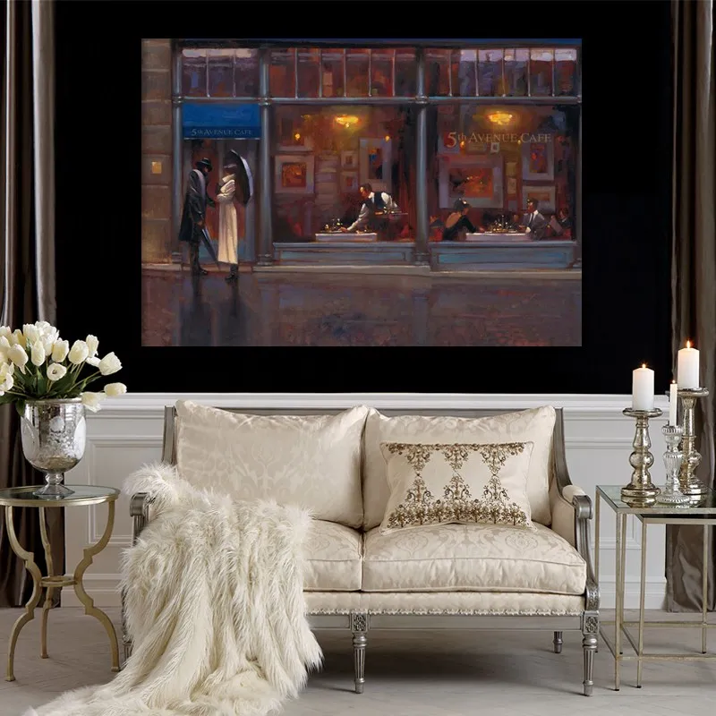 Moderne Canvas Art Fifth Avenue Cafe Brent Lynch Handgemaakte Figuratieve Olieverf Hedendaagse Muur Decor voor Woonkamer