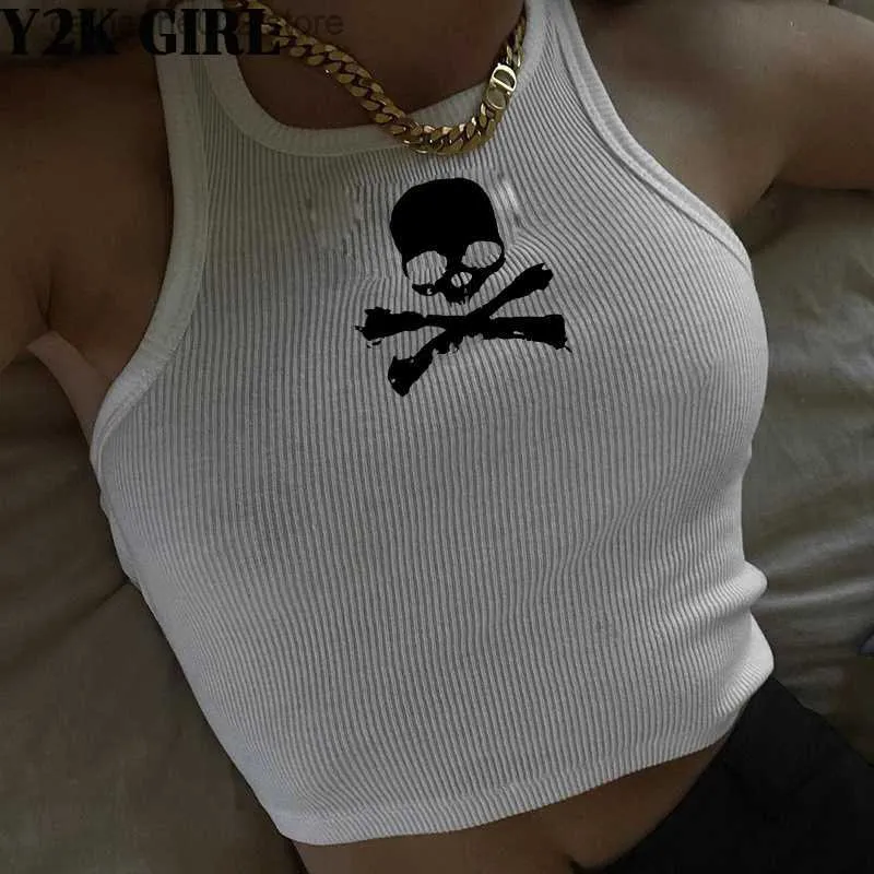 Kadın Tankları Camis Y2KGIRL Yaz Omuzdan Kısa Kısa Yüksek Belediye Top Y2K Sokak Retro Harajuku Sıradan Spor Kafatası Baskı Üst Kawaii Tops T230605