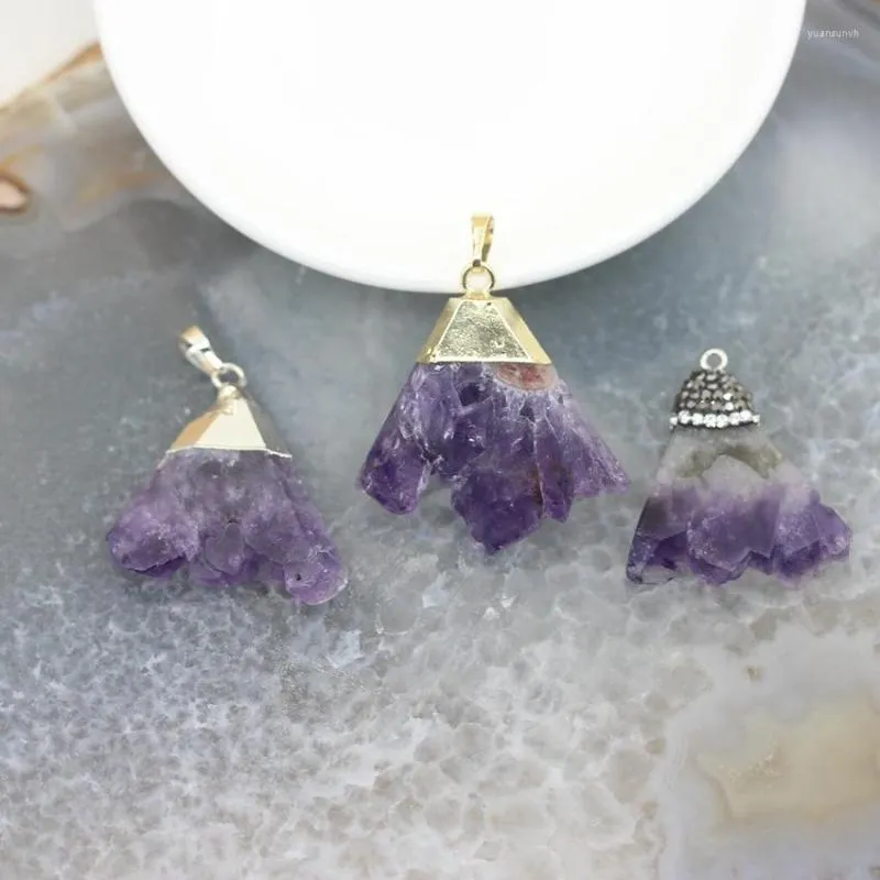 Charms 5pcs Raw Amethysts Druzy Slab Pendants Bulk Paved Rhinestones Purple Quartz Geode Drusy Slice Necklace Jewelry Wholesales