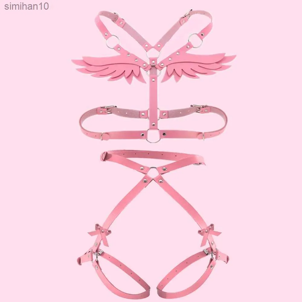 Angel Wings Harness Women Set Pink PU Leather Garter Belt Gothic Suspender Body Bondage Waist Thigh Strap Sexy Lingerie Cage L230518