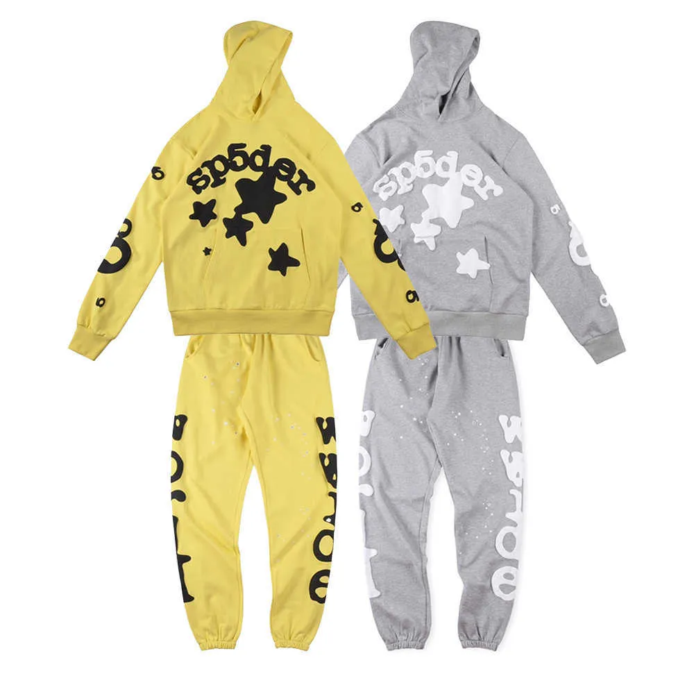 Survêtements pour hommes 555555 Impression d'étoiles jaunes Hommes Femmes Sweat à capuche Survêtement Spider Web Pulls Hip Hop Pantalons de survêtement surdimensionnés Ensemble