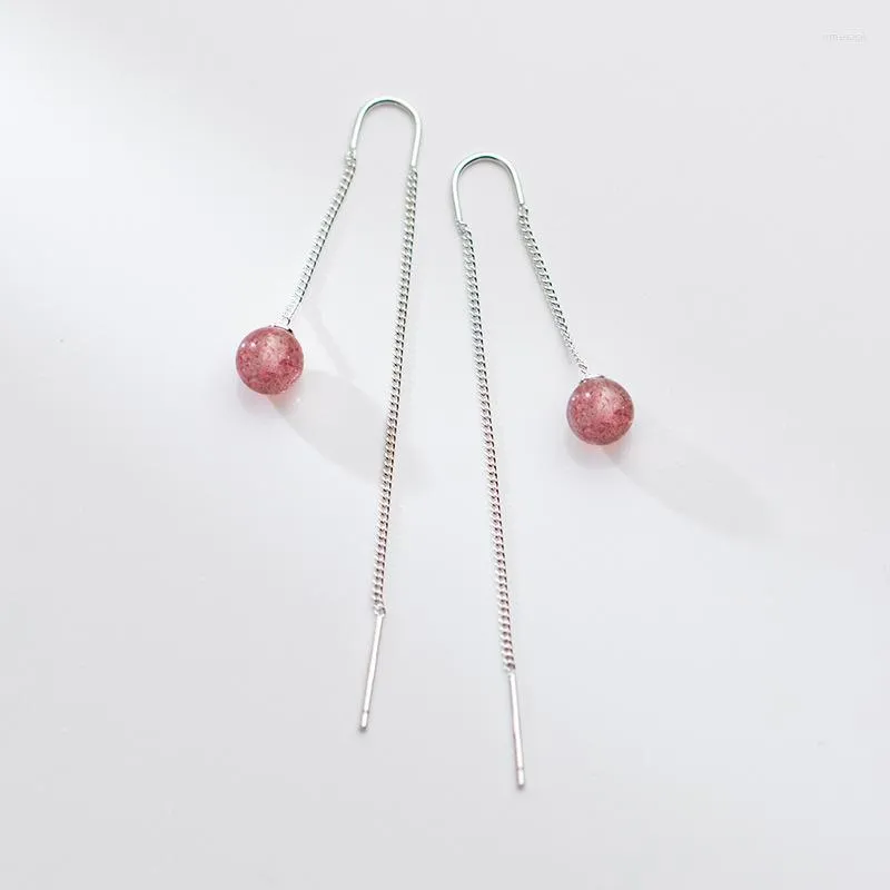 Brincos pendentes reais. Piercing de prata esterlina 925 Natural Strawberry Quartz Stone Pull Through Wire quot;Uquot; C-G9862