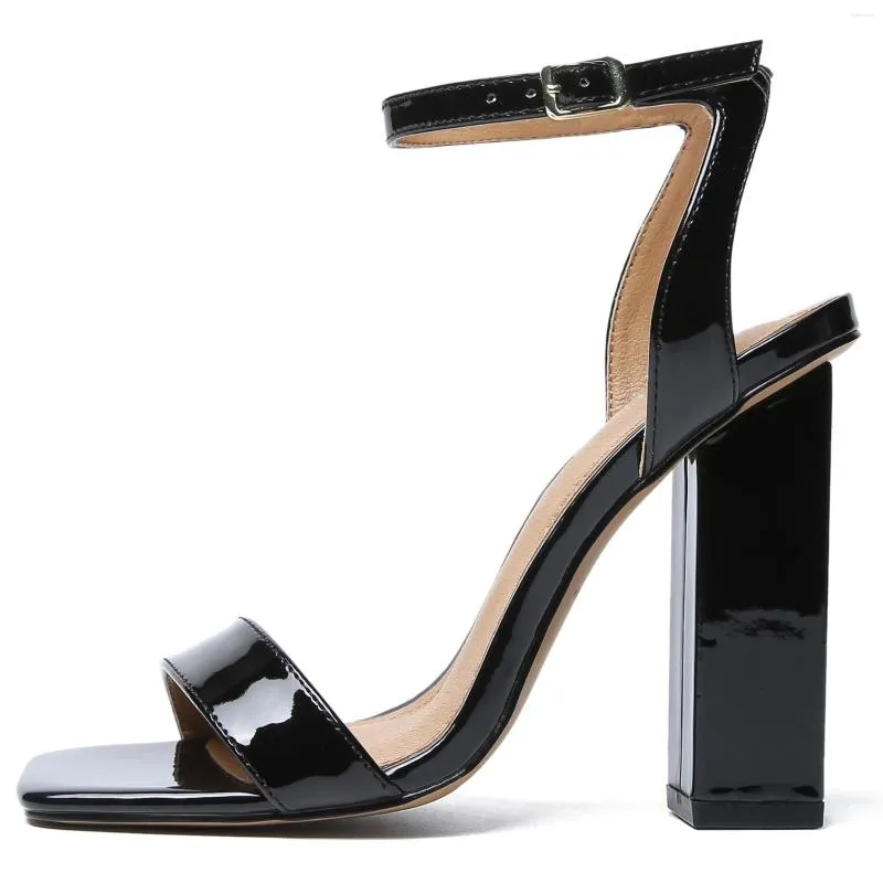 Sandals Women Summer Buckle Strap Square Head Basic Patent Leather 15CM Wedges Ankle Shoes Black