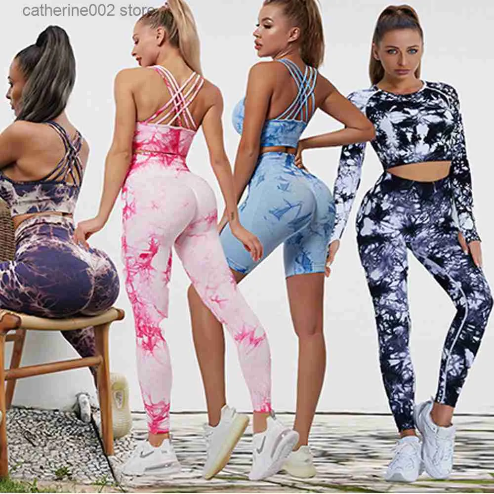 Suisses de survêtement pour femmes Tie Tie Dye Set High Waist Samless Imprimé Legging Workout Pant à manches longues Crops Tops Sports Bra Suit de la survêtement T230605