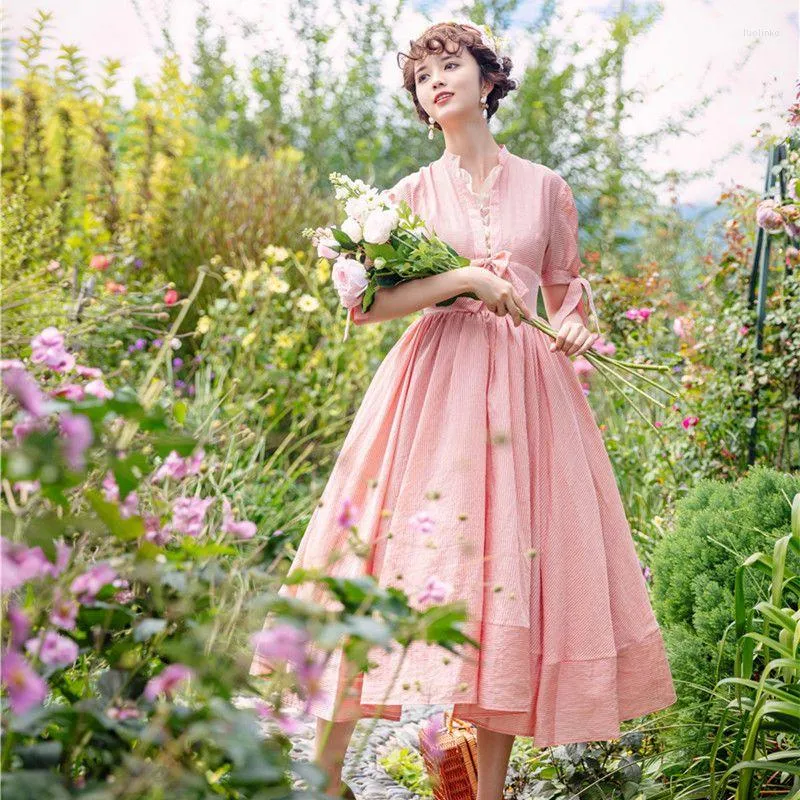 Party Dresses French Summer Women Pink Striped Dress Sleeve Lace-up Bow Hepburn Romantic Princess Victorian Chic