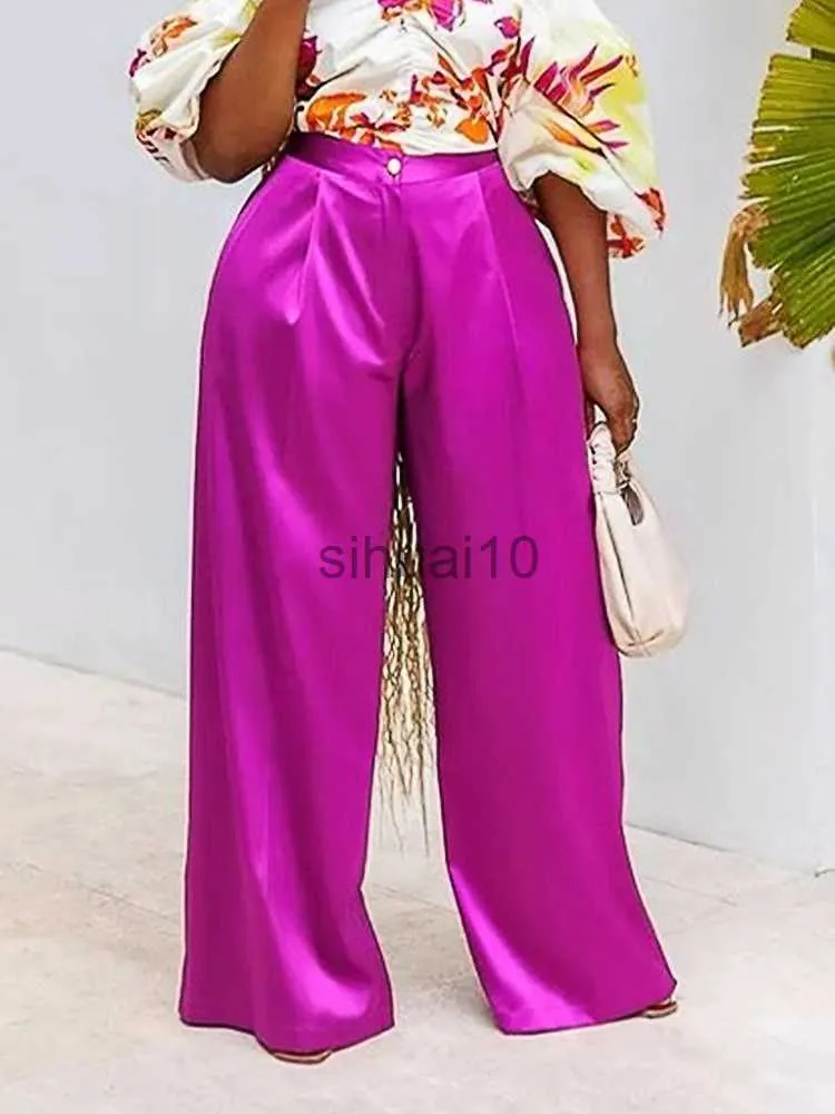 Pantalon Femme Capris Femme Taille Haute Pantalon Large Grande Taille Brillant Fuchsia Satin Pantalon Droit Long Palazzo Casual Pantalon À La Mode 2023 Été Nouveau J230605