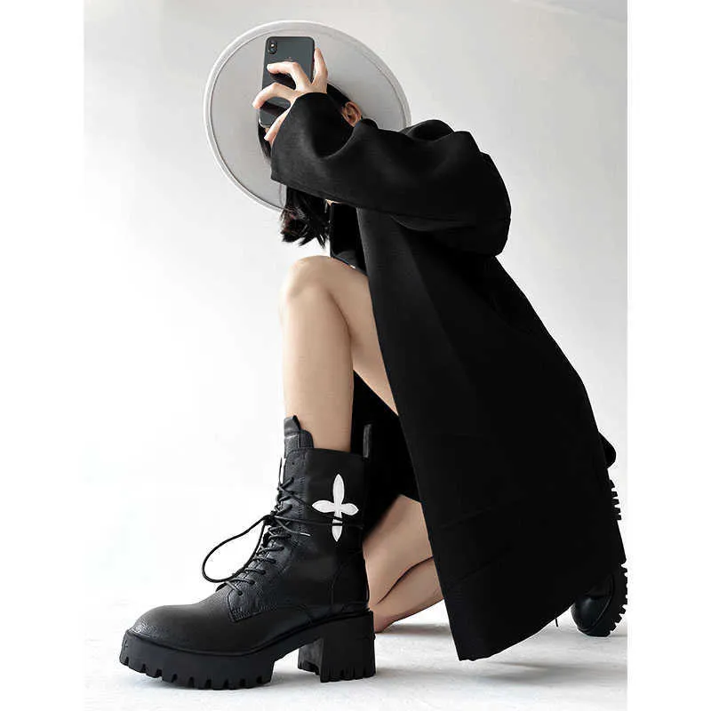 Boots Split Leather Platform Biker Ankle Boots For Women Lace Up Chunky Heel Goth Motorcycle Booties Fashion Design Shoes Z0605