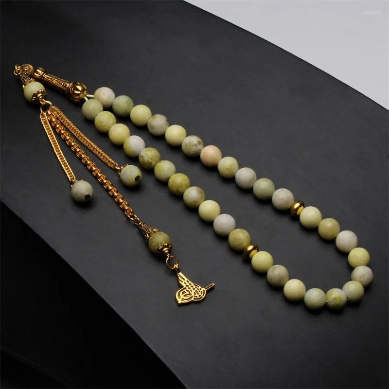 Strand Natural Tasbih Wasabi Stone Muslim Misbaha Design Gold Color Tassel 33 Bönpärlor Islamiska radband Mesbaha Tesbih Bead