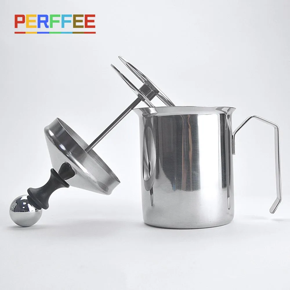 Verktyg Manual Milk Frother rostfritt stål Handpump Creamer Double Mesh Coffee Milk Foam skummande kanna Knotstillverkare 400/800 ml