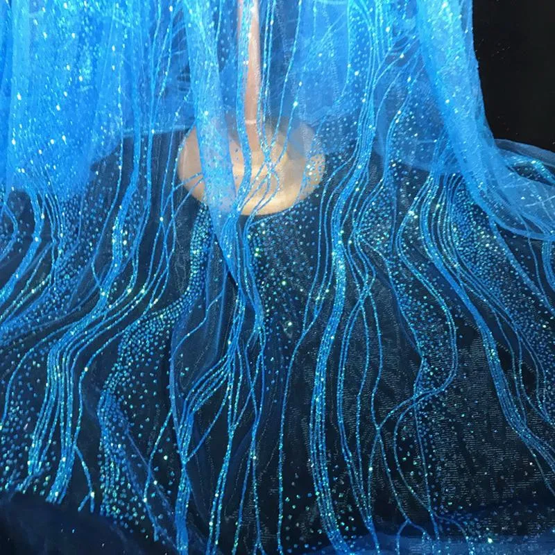 Tecido 1 jarda céu azul ferro bronzeamento glitter tecido lantejoulas padrão ondulado tecido de renda vestido de casamento designer material brilhante festa tissu