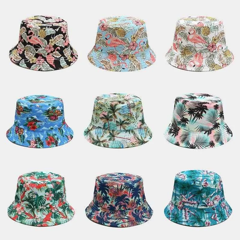 Wide Brim Hats 2022 10 Pure Cotton Cartoon Bird Print Bucket Fisherman Outdoor Travel Sun Hat Men and Women 103 G230603