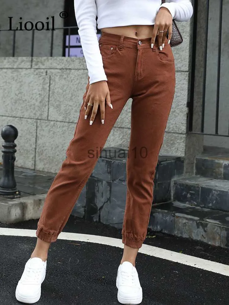 Pantalon Femme Capris Liooil Streetwear Coton Taille Élastique Marron Jean Pantalon Femme Denim Pantalon Avec Poches Nouveau Printemps Femmes Stretch Sexy Jeans J230605