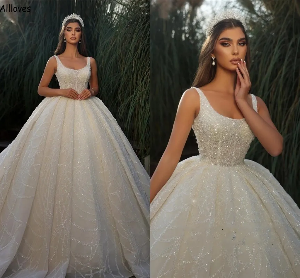 Middle East Turkish Shiny Sequined Ball Gown Wedding Dresses Vintage Square Neck Princess Formal Bridal Gowns Plus Size Puffy Vestidos De Novia Dubai Arabic CL2371