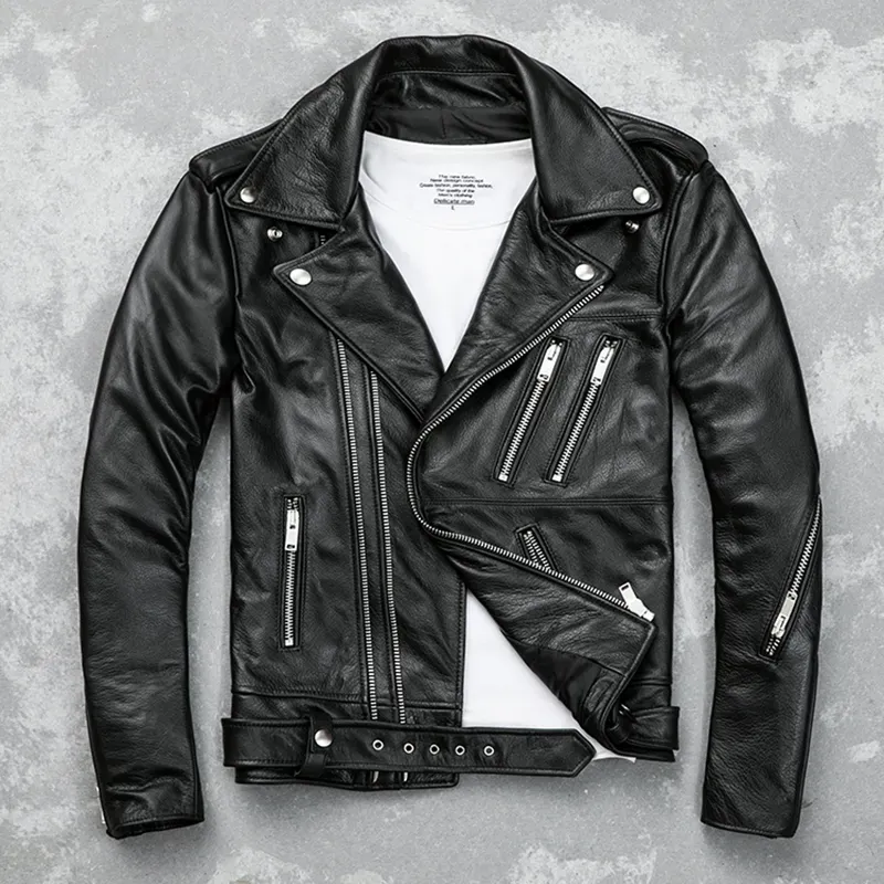 QNPQYX New Mens Black Biker Leather Jackets Coats Double Diagonal Zipper Cowhide Slim Fit Short Motorcycle Coats Male Tops