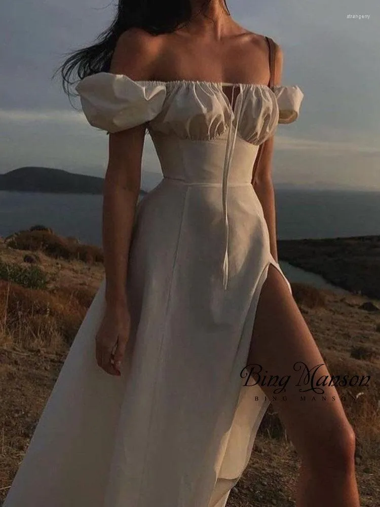 Party Dresses Puff Sleeve White Dress Off Shoulder Cut Out Tie Up Side Split Ruched Long Robe Femme Summer For Women 2023