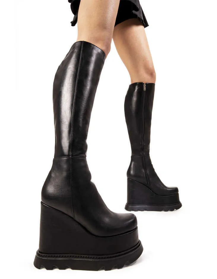 Botas punk góticas design até o joelho botas longas para mulheres plataforma alta cunhas zíper preto gótico outono inverno bota de motocicleta z0605