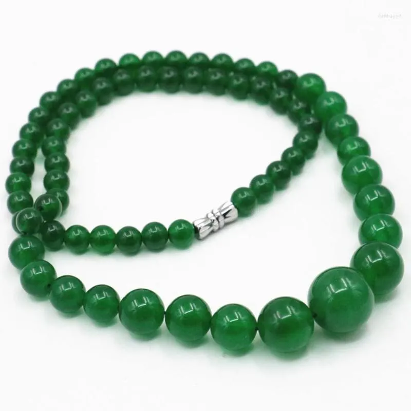 Chains Fashion 6-14mm Natural Stone Green Malay Jades Chalcedony Charms Women Chain Choker Tower Round Bead Necklace18inch B-03