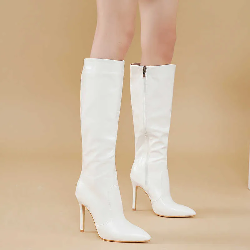 Boots White Red Stiletto High Heels Knee High Boots Fashion Sexy Skinny High Botas Pointed Toe Side Zip Pu Leather Winter Shoes 2023 Z0605