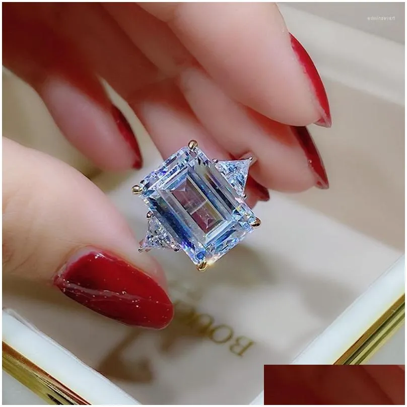 Wedding Rings Geometric Crystal Square Stone Ring Luxury Female Rainbow Zircon Dainty Sier Color Big Engagement For Women Edwi22 Dro Dhk6T