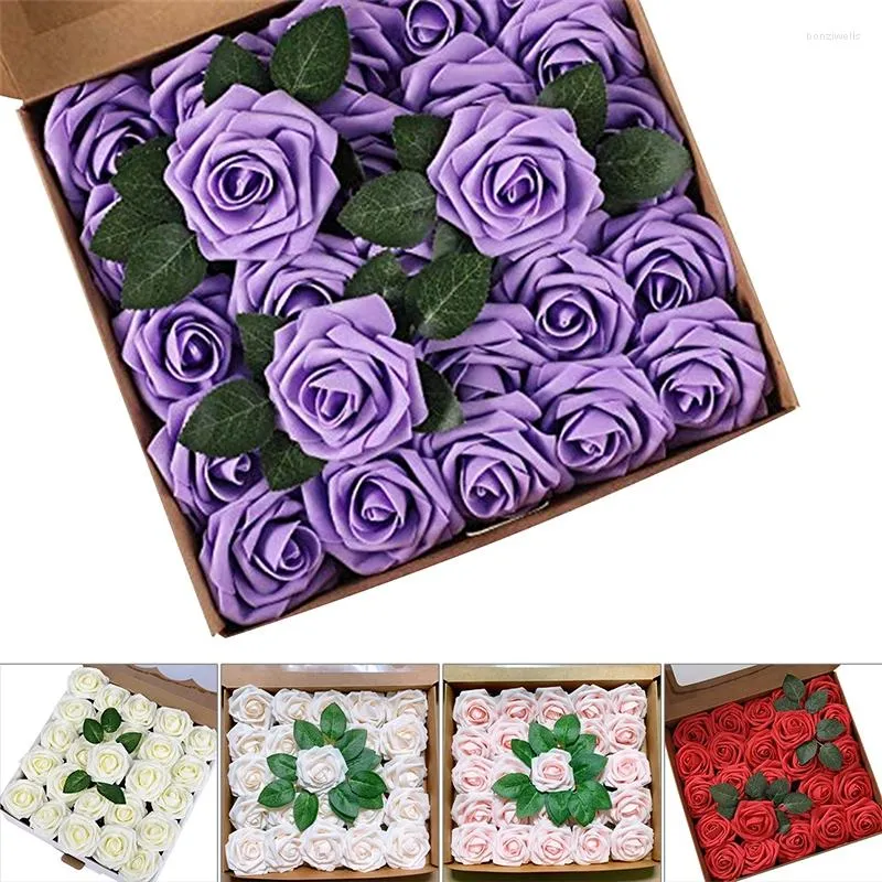 Flores decorativas 25 Unids / caja Flor Artificial Aspecto Real Blush Espuma Rosas Falsas Tallos Diy Ramos de Boda Nupcial Ducha Fiesta Decoración