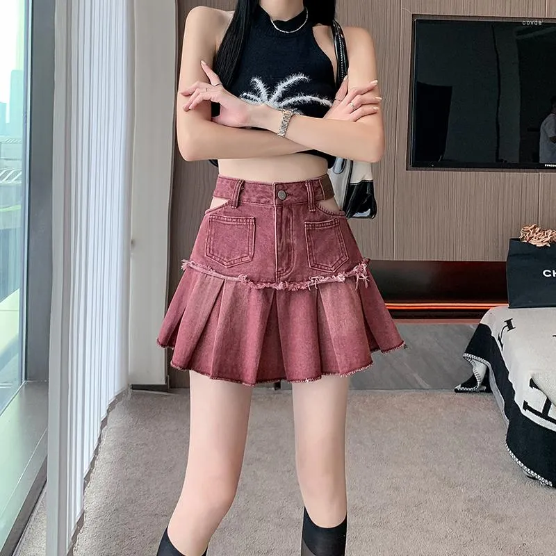 Rokken Harajuku Uitgesneden Meisje Denim Womens Y2k Fashion Casual College Stijl Hoge Taille Goth Mini een Woord Korte Plooirok