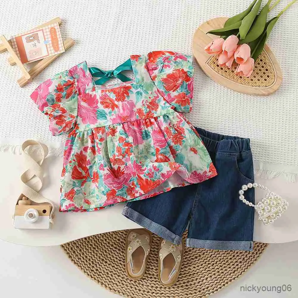 Completi di abbigliamento Camicetta a maniche corte gonfia a fiori con fiocco per ragazze Magliette gonna per bambole camicia e pantaloncini di jeans completi a due pezzi Set per bambini