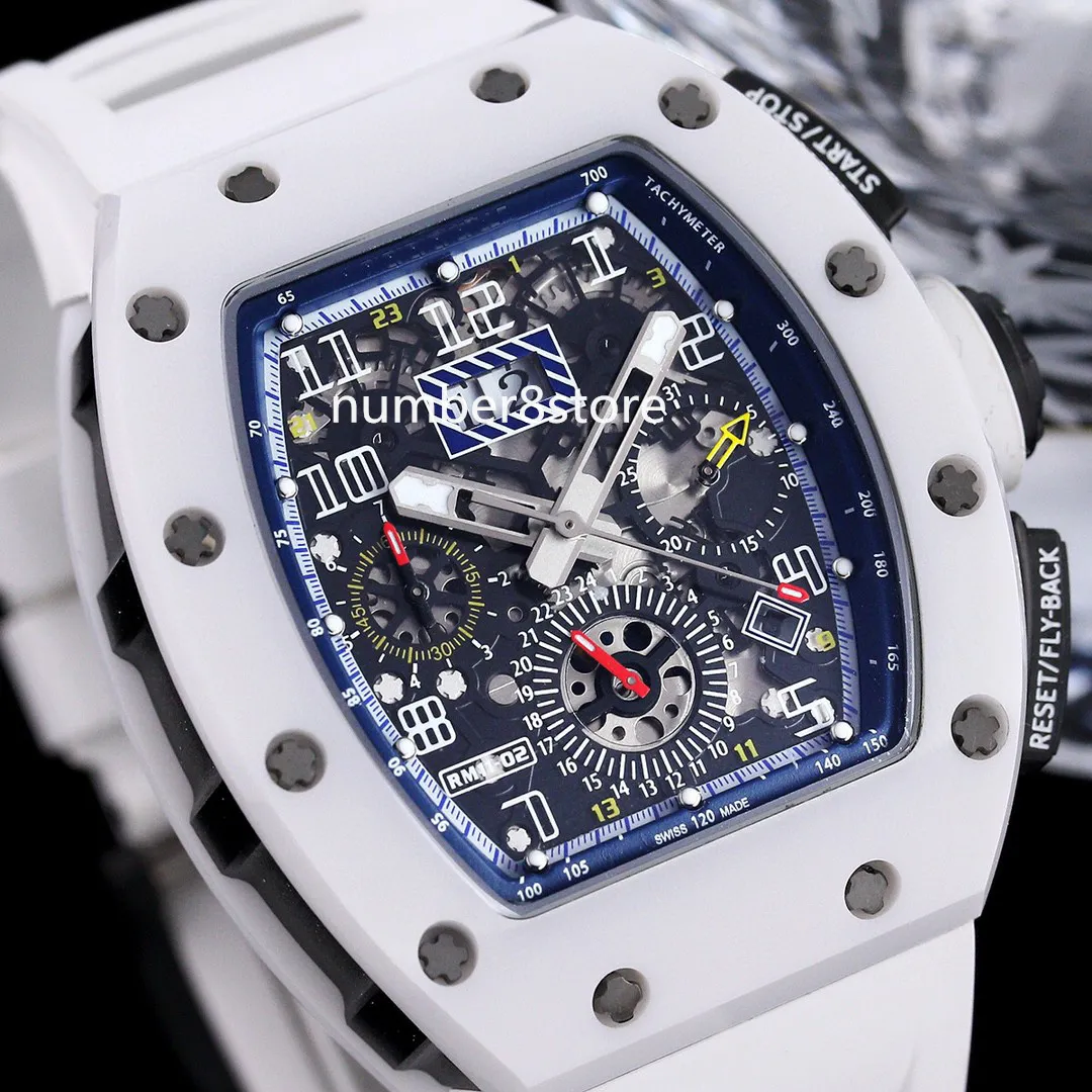 011-FM Automatic Flyback Chronograph Mens Watch Baby Black/White Ceramic Skeleton Dial Sapphire Crystal Sapphire Oversize Relógios Luxo Relógio de Pulso 6 Cores